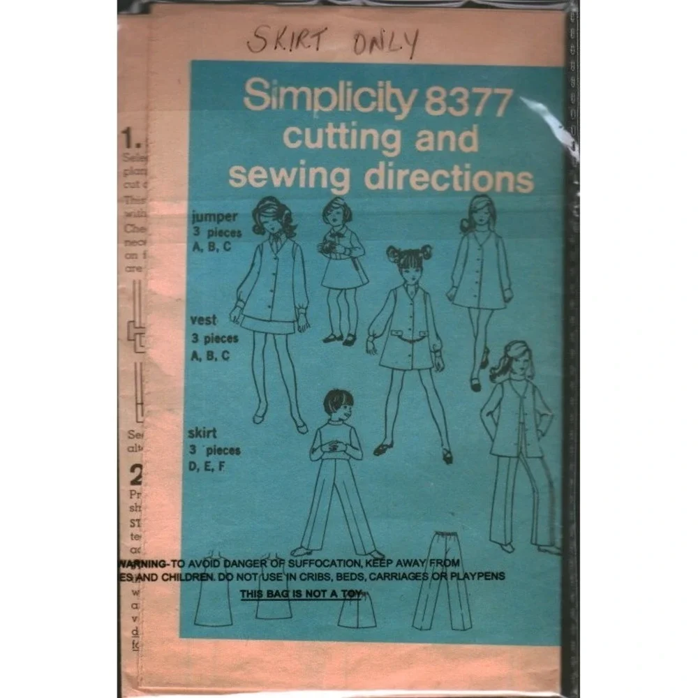 Vintage‎ Simplicity 8377 Sewing Pattern Instructions and Skirt Pieces Girls